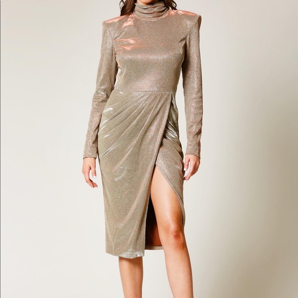 Stunning gold dress that glistens as you move. Features a wrap-inspired skirt. - Picture 4 of 4